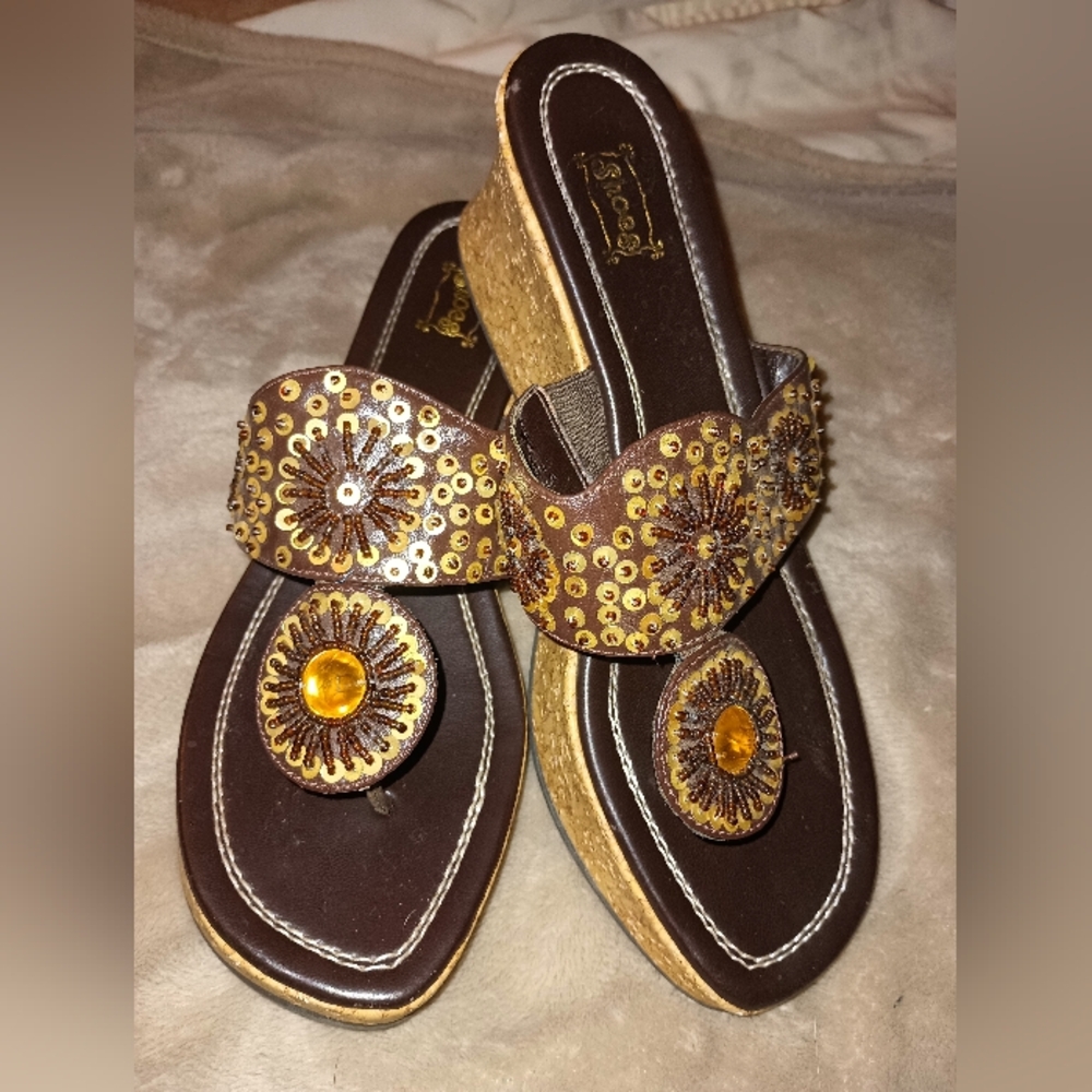 Brown Beaded Wedge Sandals Made By SHOES. Upper Leather.
